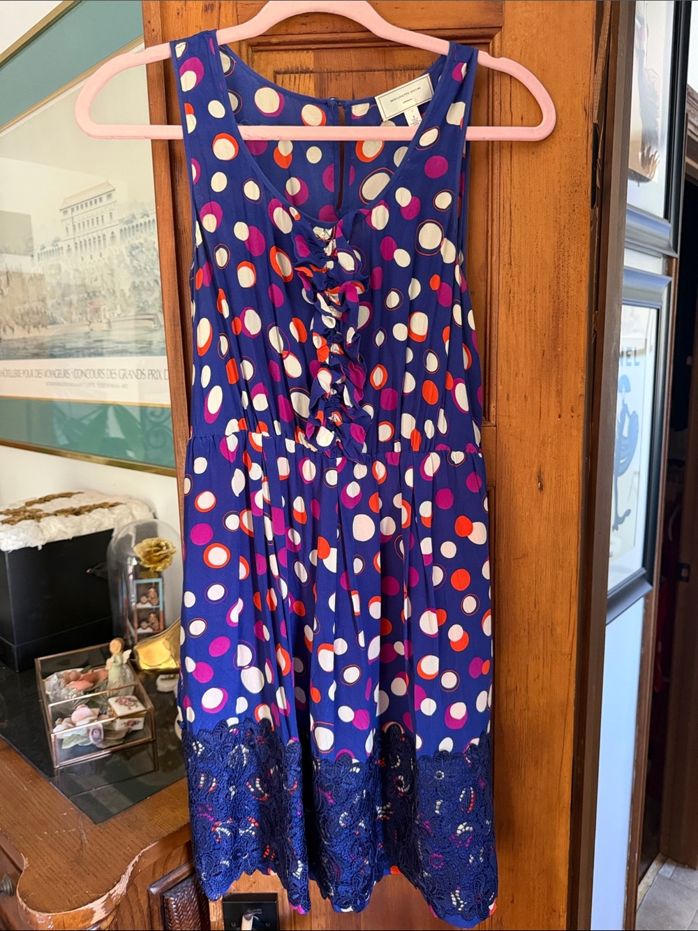 Moulinette Soeurs Navy Polka Dot Ruffle-Front Midi with Lace Hem